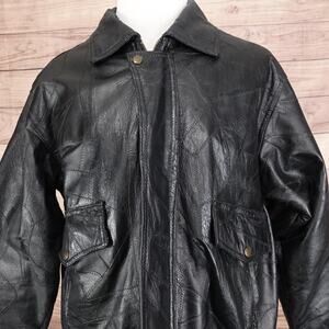 Firenze Leather Jacket Mens Large Black Genuine Patchwork Bomber Coat Zip Front